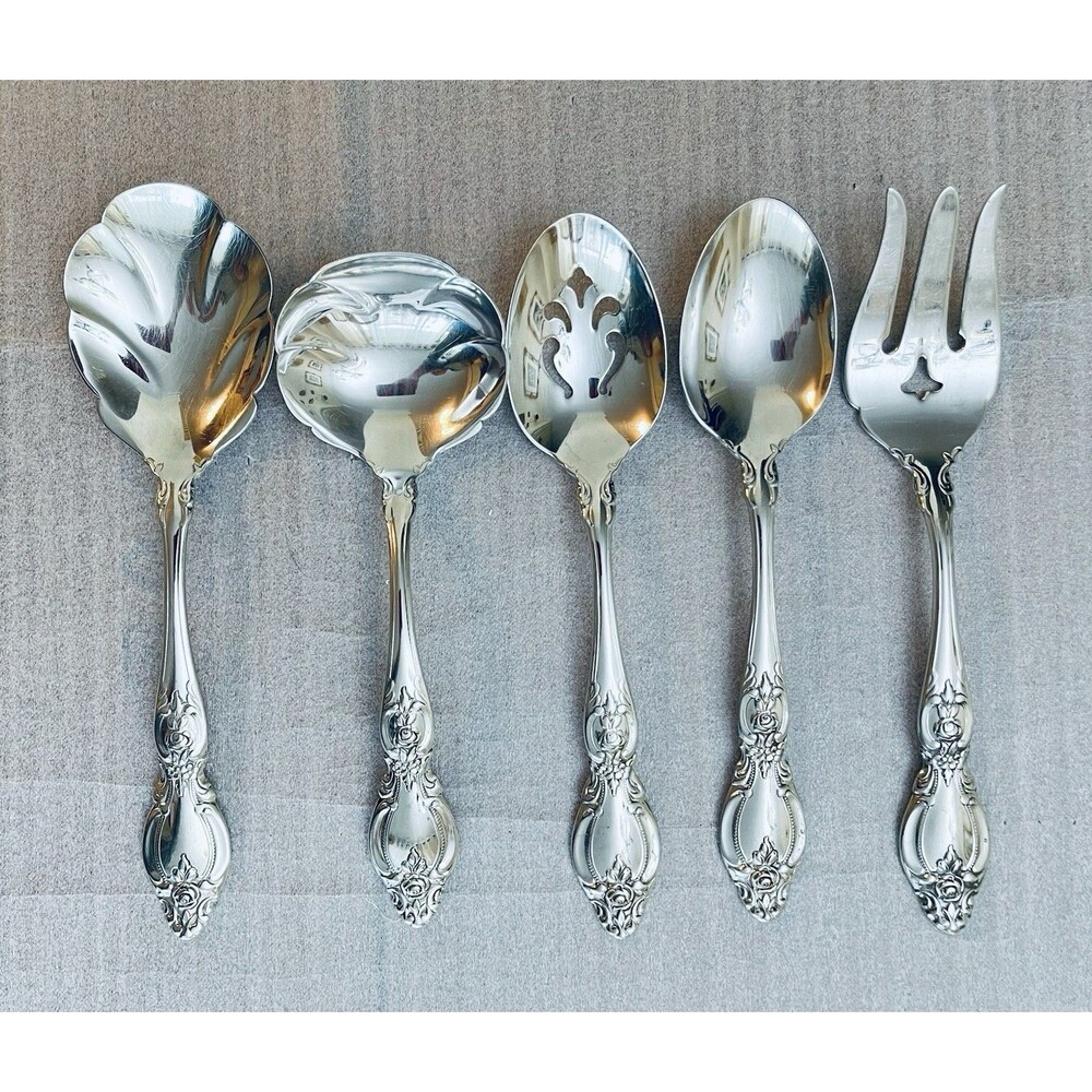 Oneida Stainless Hostess Serving Set 5 Pc Raised Rose Floral Pattern